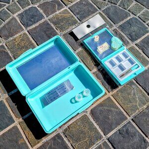 Japanese VTG Retro Aqua Compact Makeup Mirror+Brush Palette Holder Case 2-pc Set